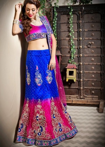 Rožinė ir mėlyna Lehenga