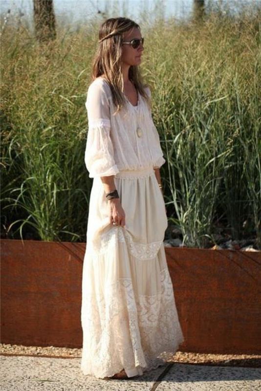 boho chic μακρύ νυφικό από δαντέλα βαμβακερό τούλι