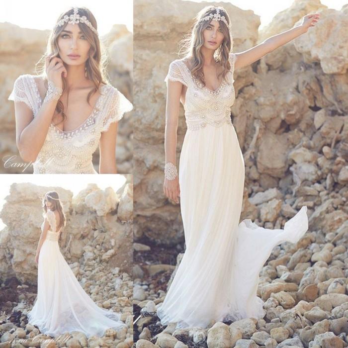 boho στυλ νυφικό λευκό φόρεμα νυφικό χτένισμα στρας στρας