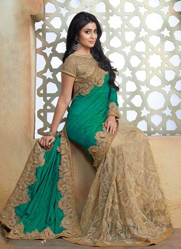 Yeşil ve Bej İpek Bollywood Saree