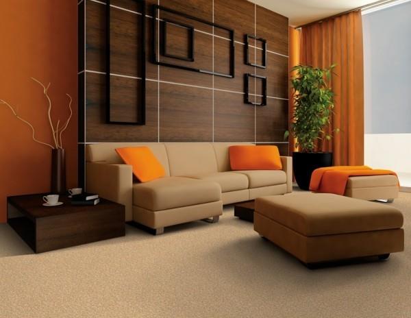 καφέ αποχρώσεις συνδυάζονται με πορτοκαλί ιδέες εσωτερικού σχεδιασμού σαλόνι
