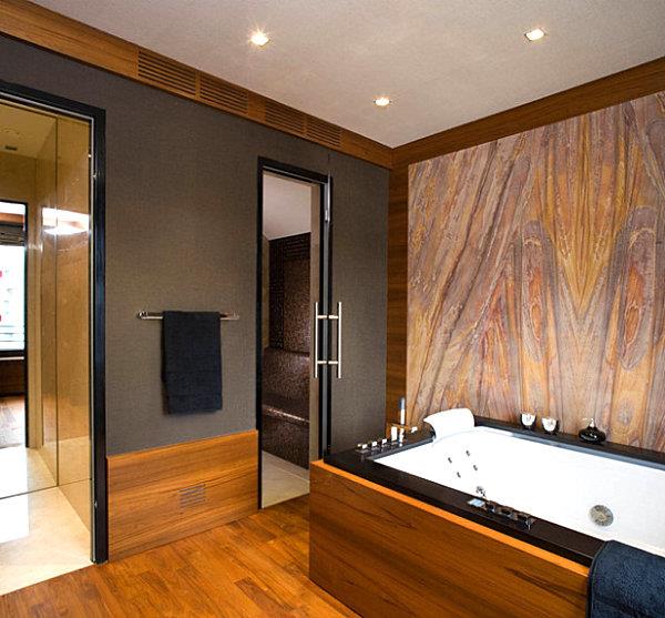 λαμπρή εσωτερική διακόσμηση εκθαμβωτική μεταλλική διακόσμηση ξύλινο μπάνιο