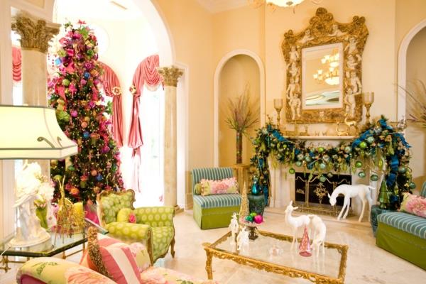 πολύχρωμες ιδέες σπιτιού για χριστουγεννιάτικη διακόσμηση γυάλινο τραπεζάκι