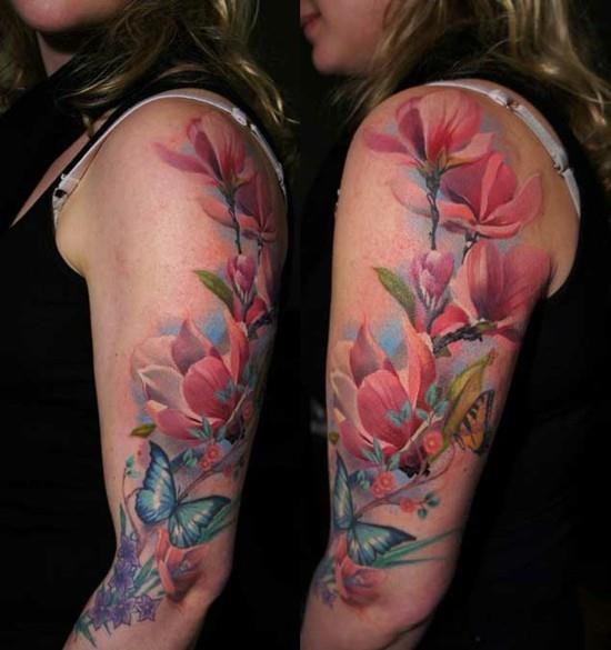 πολύχρωμες ιδέες τατουάζ με μανίκια σε λουλούδια για γυναίκες
