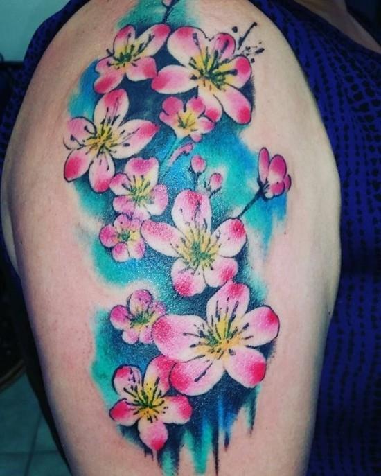 πολύχρωμο τατουάζ άνθη κερασιάς ακουαρέλα
