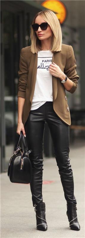 casual γυναικεία μόδα γυναικείο μπουφάν καφέ δερμάτινο παντελόνι