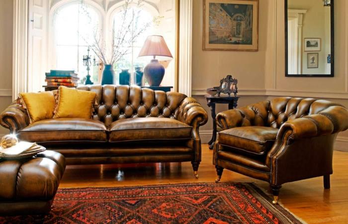 πολυθρόνα Τσέστερφιλντ πραγματικός δερμάτινος καναπές Οθωμανική καφέ έπιπλα σαλονιού gentlemansgazette