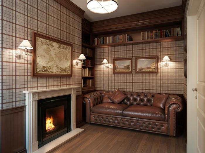 chesterfield καναπές καφέ κλασικό τζάκι άνετο