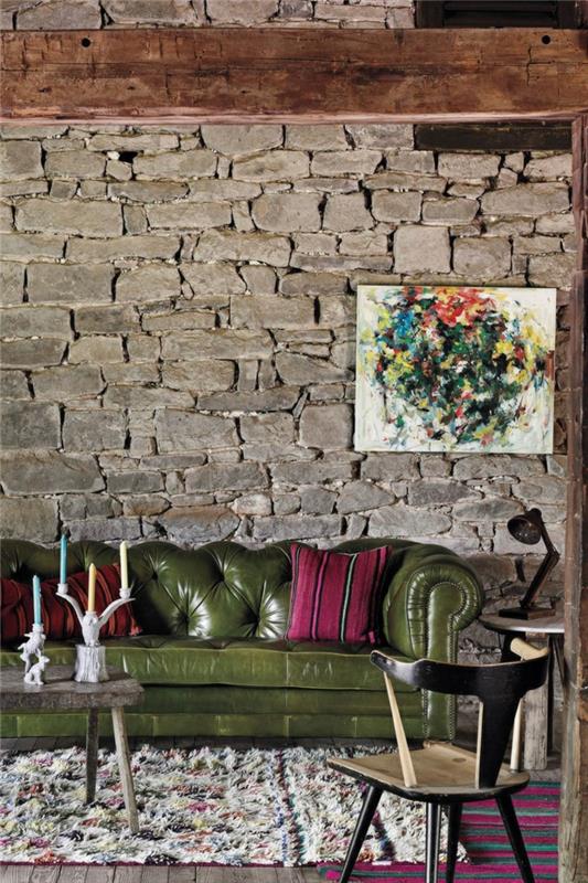 Τσέστερφιλντ καναπές πράσινο σπίτι ιδέες σαλόνι πέτρινο τοίχο