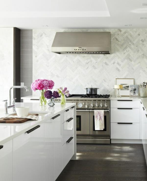 σύγχρονα μοντέρνα λευκά κουζίνες λουλούδια σχεδιασμός κουζίνας υψηλής στιλπνότητας