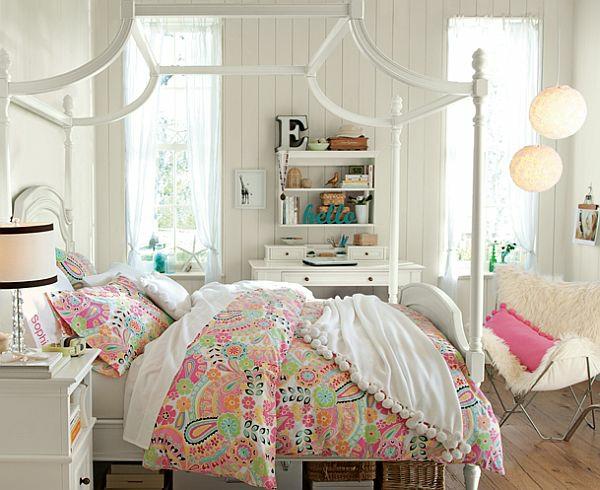 νεανικό δωμάτιο κορίτσι κρεβάτι με ουρανό πολύχρωμα κλινοσκεπάσματα