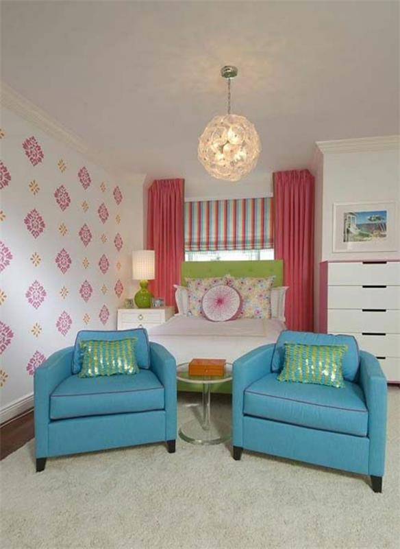 νεανικό δωμάτιο κορίτσι τοιχογραφία ταπετσαρία μπλε πολυθρόνα κρεβάτι