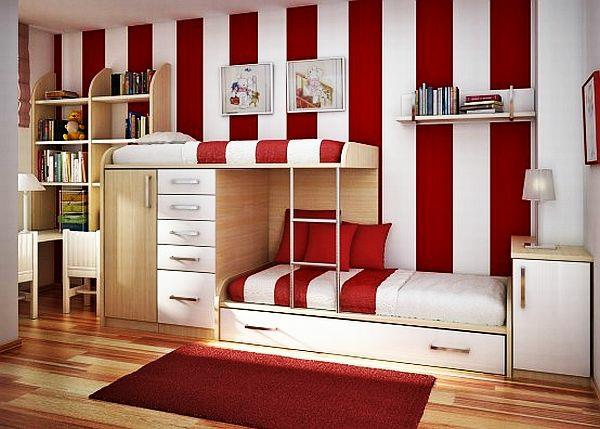 νεανικό δωμάτιο σχεδιασμός μοντέρνο ριγέ τοίχο κόκκινο χαλί