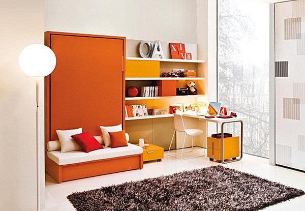 δροσερά πρακτικά καναπέδες -κρεβάτια μικρά διαμερίσματα πορτοκαλί έπιπλα