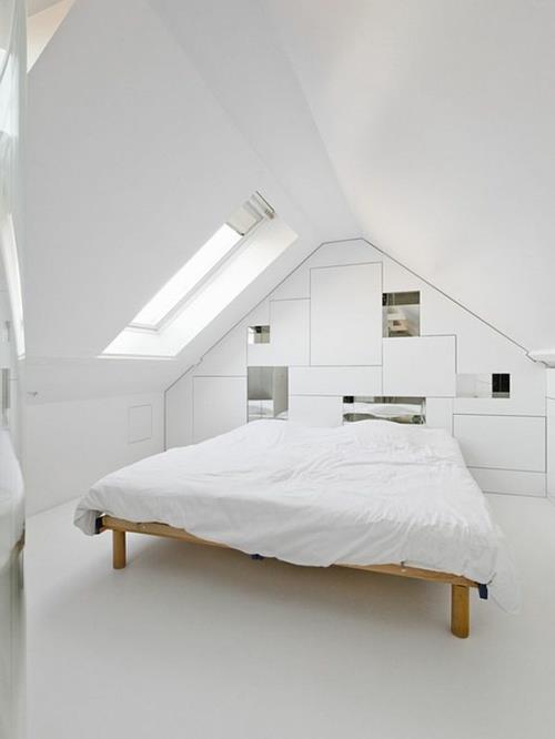 σοφίτα μινιμαλιστική ιδέα υπνοδωμάτιο κρεβάτι λευκό