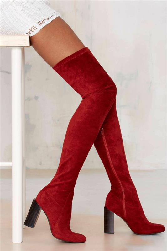 γυναικείες μπότες πάνω από το γόνατο βελούδινο κόκκινο
