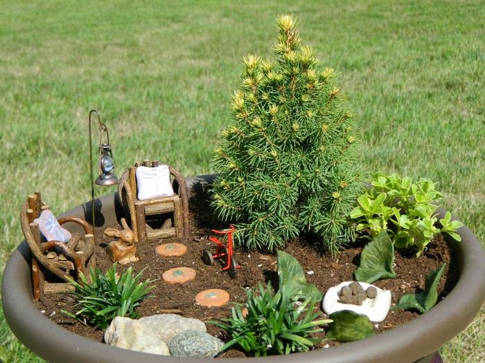 διακόσμηση ιδέες χειροτεχνίας μίνι κήπος πολυθρόνα λαμπτήρας κουνέλι τροχοί πέτρες