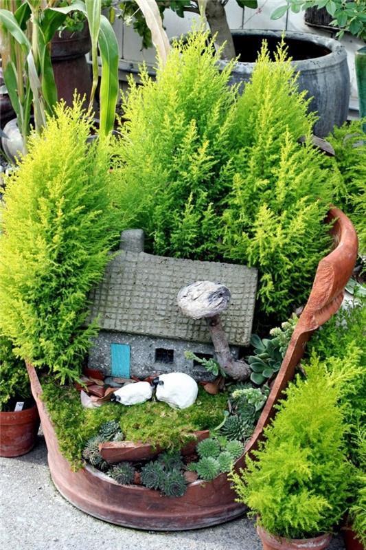 διακόσμηση ιδέες χειροτεχνίας μίνι κήπος σπασμένη γλάστρα