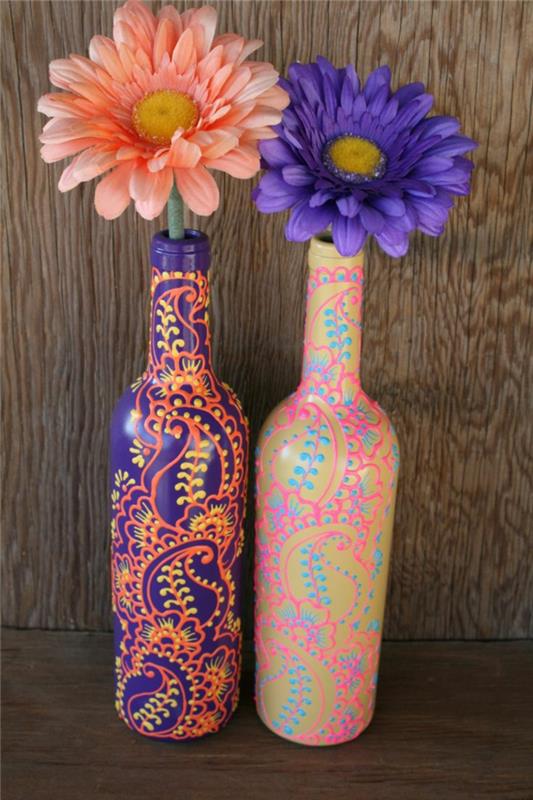 διακόσμηση μπουκαλιών, ζωγραφική, κατασκευή λουλουδιών