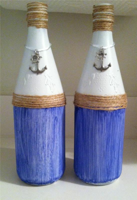 μπουκάλια ντεκό ιδέες ντεκό θαλάσσιο θέμα μπλε νήμα