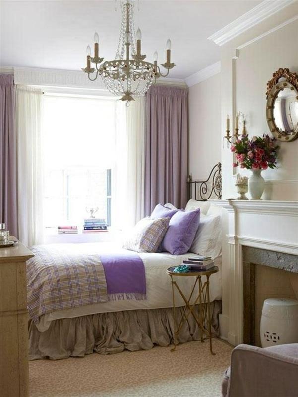 ιδέες διακόσμησης κρεβατοκάμαρα μοβ προφορές χαλιά αδιαφανείς κουρτίνες