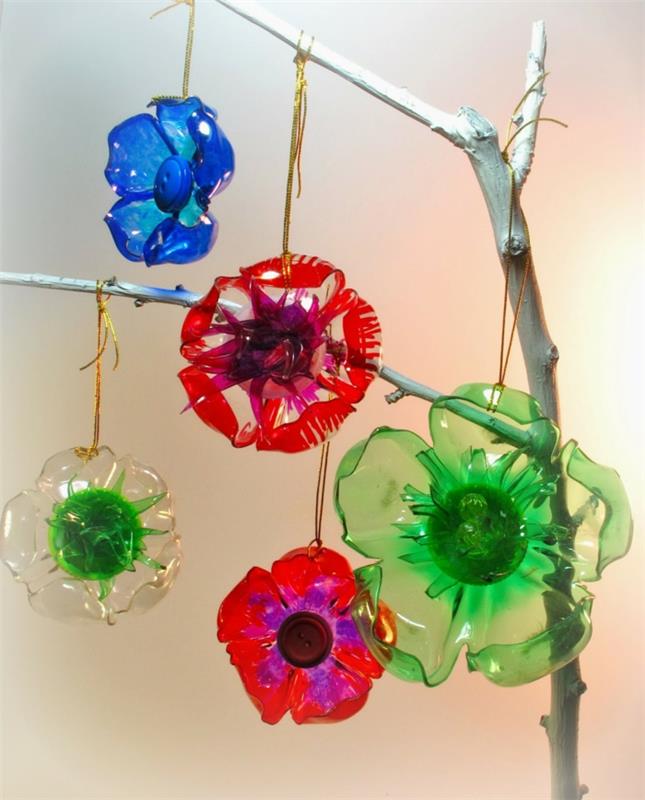 ιδέες διακόσμησης φτιάξτε μόνοι σας πλαστικά μπουκάλια χρωματιστά λουλούδια