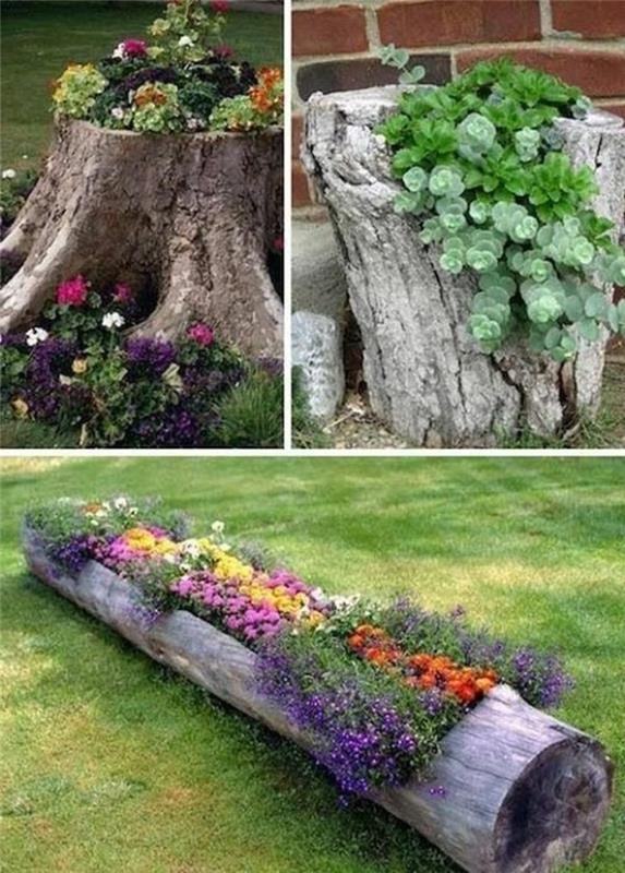 Ιδέες διακόσμησης DIY ιδέες διακόσμησης κήπου λουλούδια κούτσουρα δοχεία φυτών