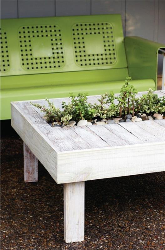ιδέες ντεκό που κάνετε μόνοι σας τραπέζι κήπου φυτικό δοχείο πράσινο πάγκο κήπου