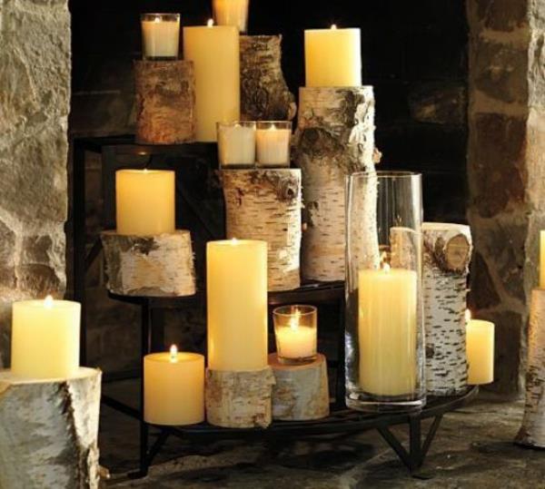 ντεκό τζάκι σημύδα ξύλο κολόνα κεριά φανάρια γυαλί
