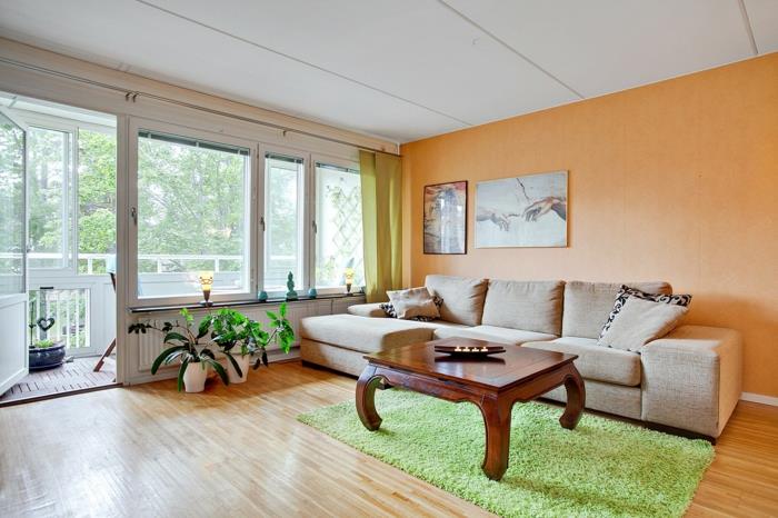 διακοσμητικές άκρες σαλόνι πορτοκαλί τοίχου προφορά πράσινο χαλί