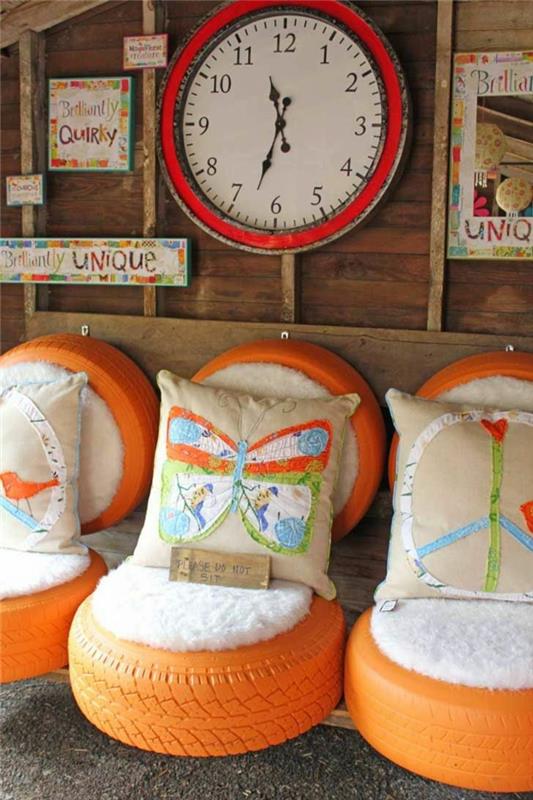 deco ιδέες diy παλιά αντικείμενα ελαστικά αυτοκινήτου πορτοκαλί χρώμα πολυθρόνες καρέκλες