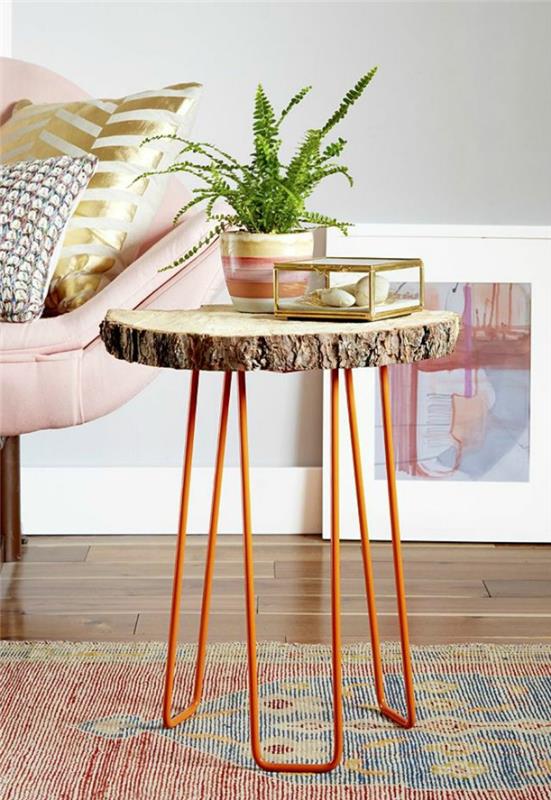 Deco ιδέες diy παλιά αντικείμενα πλαϊνό τραπέζι στρογγυλό δίσκο κορμού φυσικού ξύλου