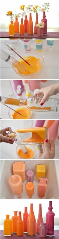 ντεκό ιδέες diy παλιά αντικείμενα γυάλινα μπουκάλια γυάλινα δοχεία πορτοκαλί ροζ κίτρινα βάζα φτιάξτε τον εαυτό σας