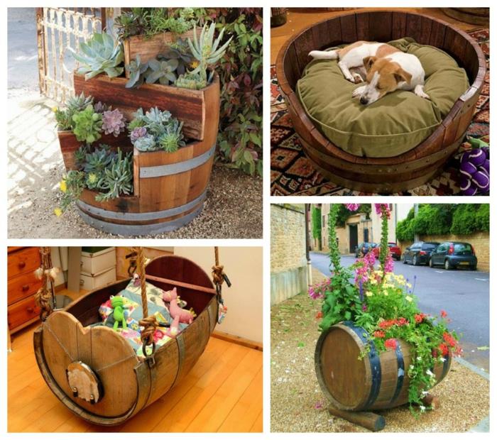 ιδέες διακόσμησης diy παλιές φυτεύσεις λίκνο βάση λουλουδιών ξύλινο βαρέλι