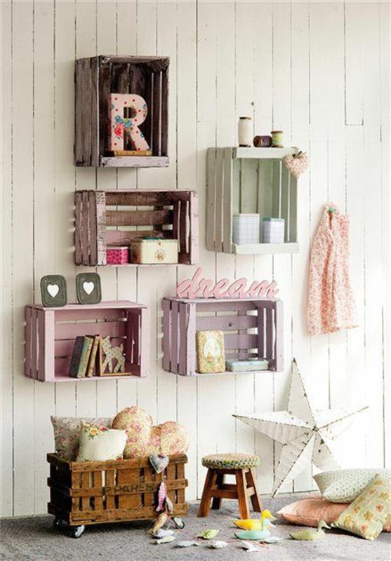 ιδέες διακόσμησης diy παλιά αντικείμενα ράφια τοίχου ξύλινα κουτιά