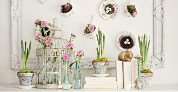 ιδέες ντεκό άνοιξη shabby chic διακόσμηση diy ιδέες πορσελάνινα πιάτα καφετέρια υπηρεσία πασχαλινά κουνελάκια νάρκισσοι γλάστρες ε