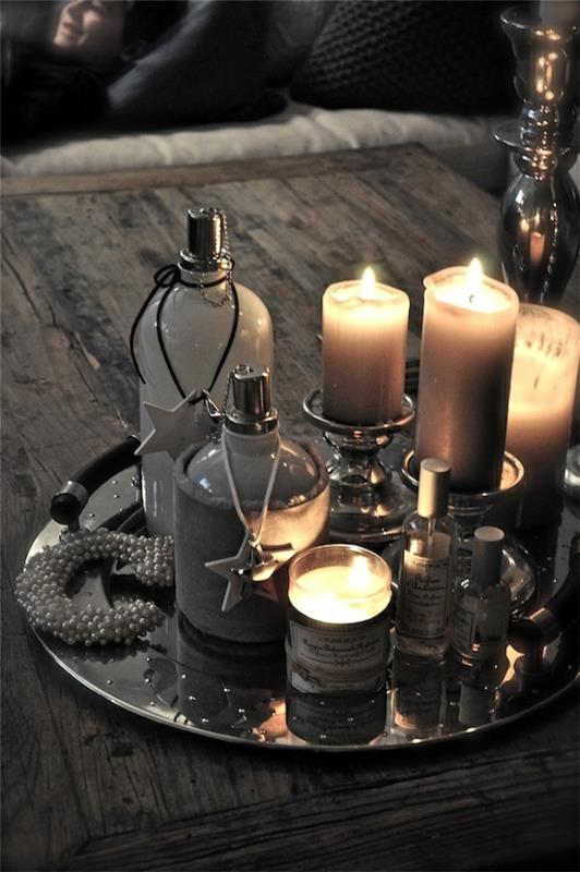 αξεσουάρ σπιτιού σερβιρίσματος ασημένια κεριά διακοσμητικά μπουκάλια