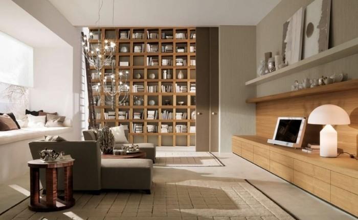ιδέες ντεκό διαμέρισμα επίπλωση σαλονιού βιβλιοθήκη ανοιχτό ξύλο στρογγυλό τραπεζάκι
