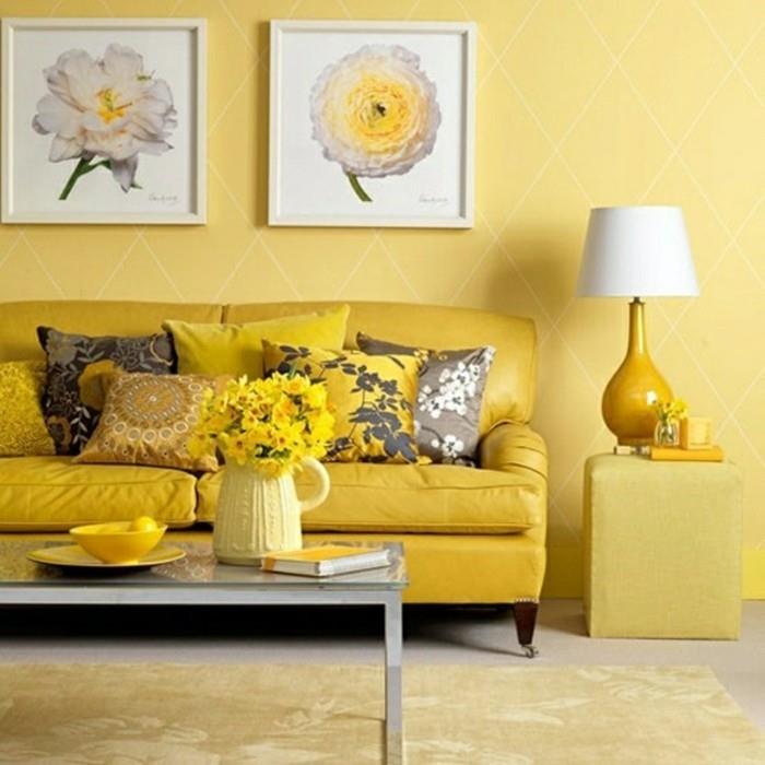 ιδέες ντεκό σαλόνι κίτρινο εσωτερικό κίτρινο floral διακοσμητικό τοίχο τέχνη