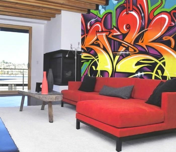 ιδέες ντεκό σαλόνι γκράφιτι κόκκινος καναπές λευκό χαλί