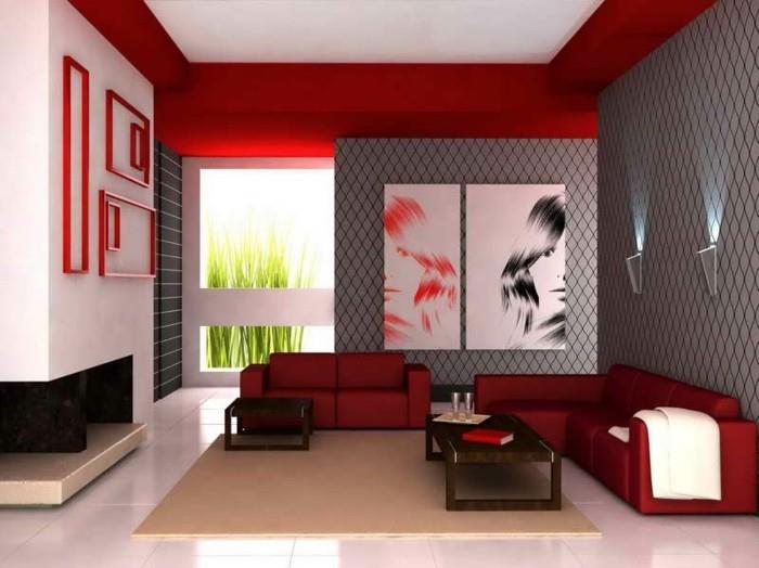 ιδέες ντεκό σαλόνι κόκκινοι καναπέδες κρεμ χαλί λευκά πλακάκια δαπέδου