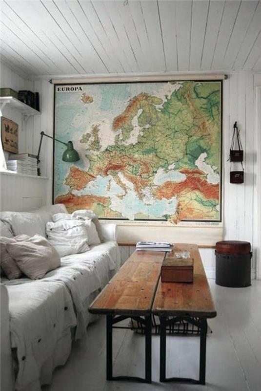 ιδέες ντεκό σαλόνι ρουστίκ τραπέζι παγκόσμιος χάρτης διακόσμηση τοίχου