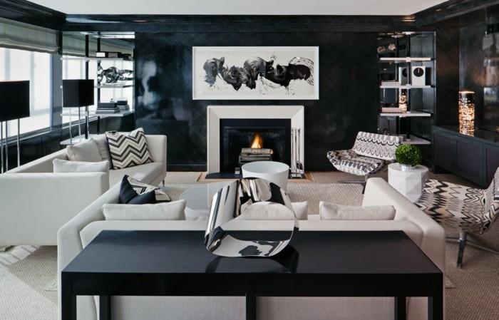 ιδέες ντεκό σαλόνι λευκό μαύρο εσωτερικό με τζάκι και κομψό μοτίβο