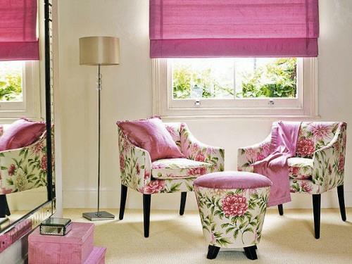 διακοσμητικές κουρτίνες ροζ μεταξωτή οθωμανική πολυθρόνα floral διακοσμήσεις