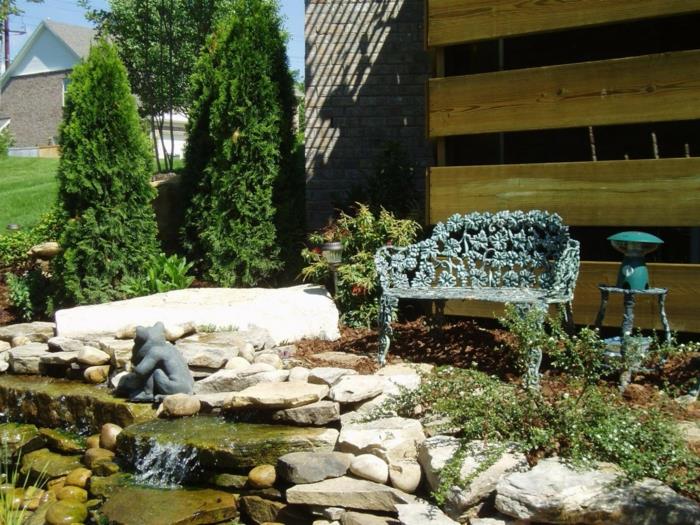 διακοσμητικές πέτρες κήπος δροσερό πάγκο κήπου φυτά νερού