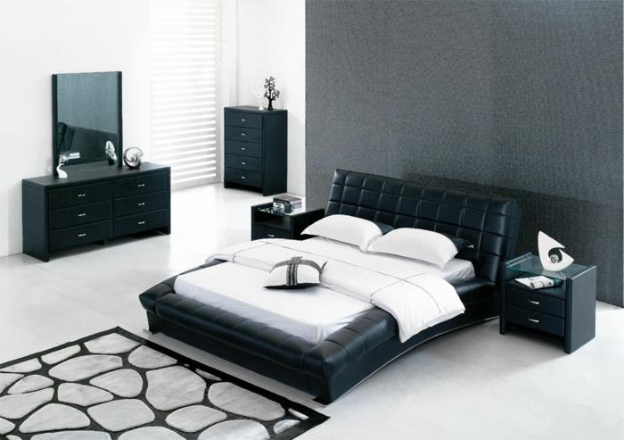 κρεβάτια σχεδιασμού μαύρο δέρμα άνετο στυλ δροσερό χαλί λευκό τοίχο χρώμα μαύρο συρταριέρα