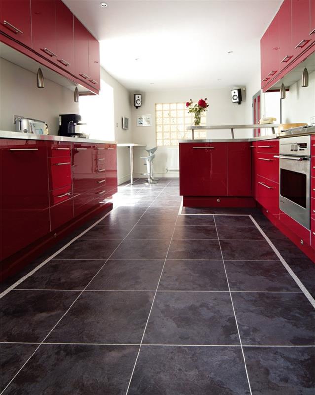 σχέδιο δαπέδου βινυλίου πλακάκια δαπέδου κουζίνας κόκκινα ντουλάπια κουζίνας