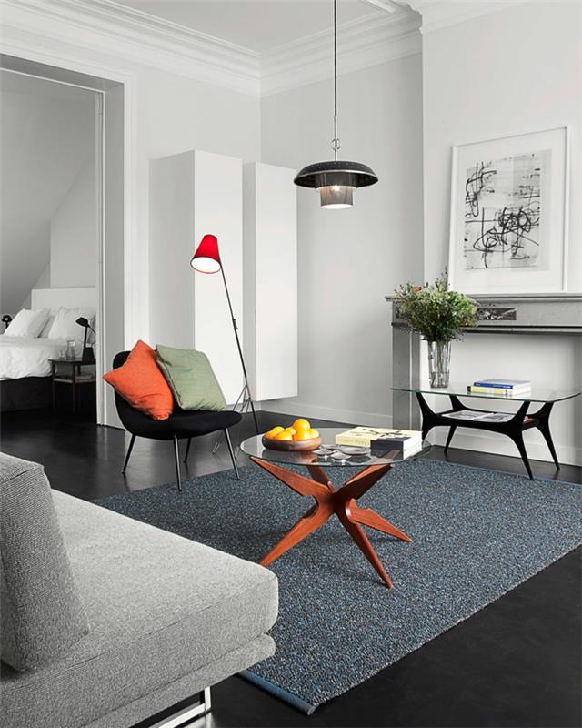 σχέδιο δαπέδου σαλόνι επιπλωμένο σκούρο πάτωμα γκρι χαλί χρωματιστό τόνους