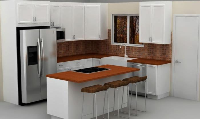 σχέδιο ψυγείο ασημένια κουζίνα πίσω τοίχοι πλακάκια κουζίνα νησί λευκό πάτωμα