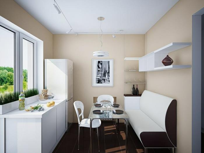 σχέδιο ψυγείο λευκή μικρή κουζίνα επίπλωση μπεζ χρώμα τοίχου